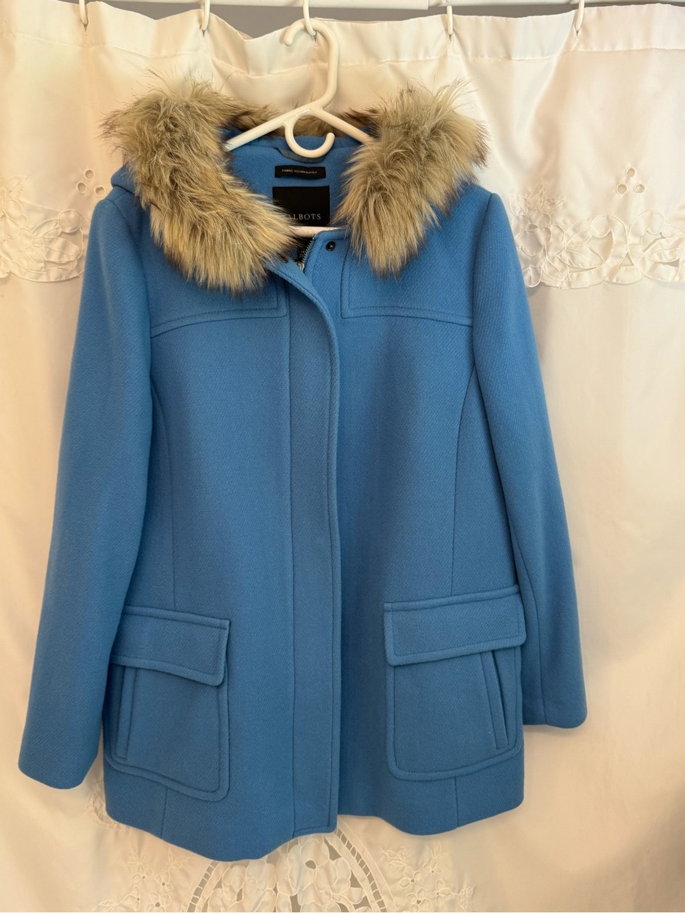 NWT Talbots Wedgwood Blue Wool Hooded Pea Coat with Faux-Fur Trim